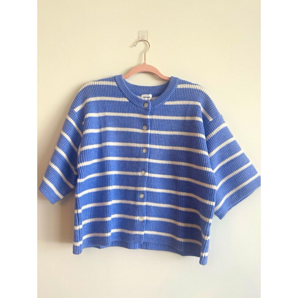 Aureum Blue/White Striped Knit Button-Front Short Sleeve Cardigan - M
